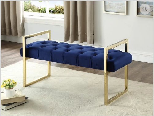 Blue Velvet Fabric Bench with Gold Legs  43"L 18"W 21"H