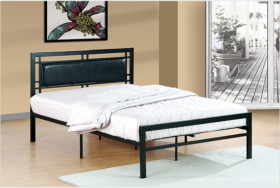 Black Metal Bed with PU Upholstered Headboard - Mattress Support Included