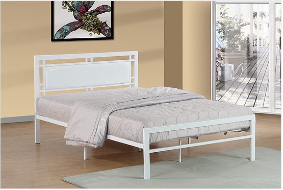 White Metal Bed with PU Upholstered Headboard - Mattress Support Included