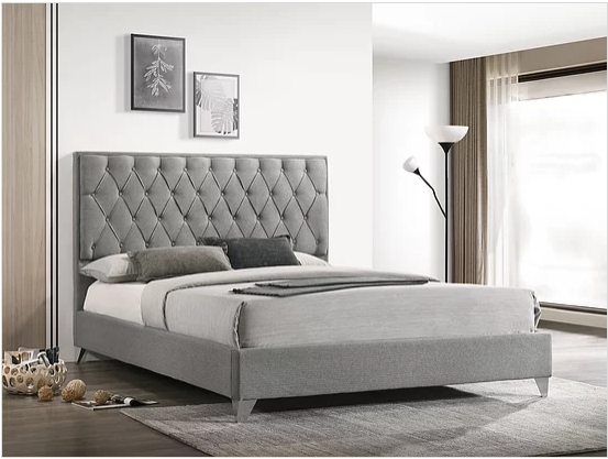 Grey Fabric Bed With Diamond Pattern Button Details and Chrome Legs  Includes Mattress Support