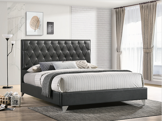 Grey PU Bed With Diamond Pattern Button Details and Chrome Legs  Includes Mattress Support