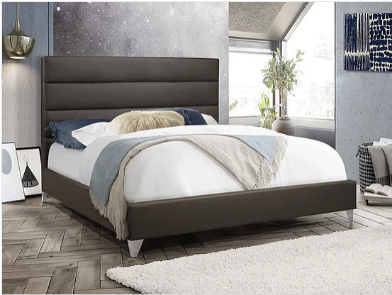 Grey PU Bed with Horizontal Deep Tufted Panels and Chrome Legs  Includes Mattress Support
