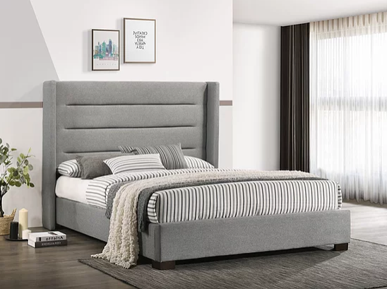 Grey Fabric Wing Bed with Horizontal Tufted Panels  Includes Mattress Support