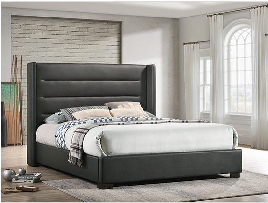Grey PU Wing Bed with Horizontal Tufted Panels  Includes Mattress Support