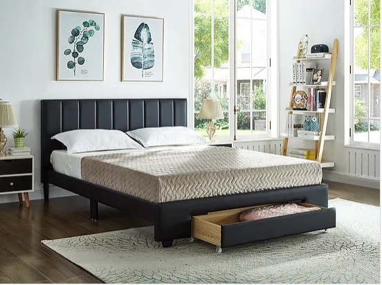 Black PU Bed with Padded Headboard and Storage Drawer  Includes Mattress Support