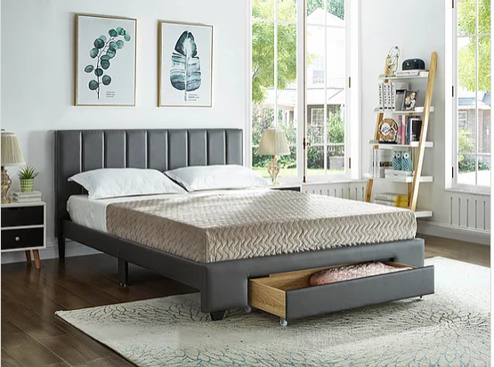 Grey PU Bed with Padded Headboard and Storage Drawer  Includes Mattress Support