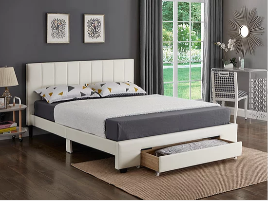 White PU Bed with Padded Headboard and Storage Drawer  Includes Mattress Support
