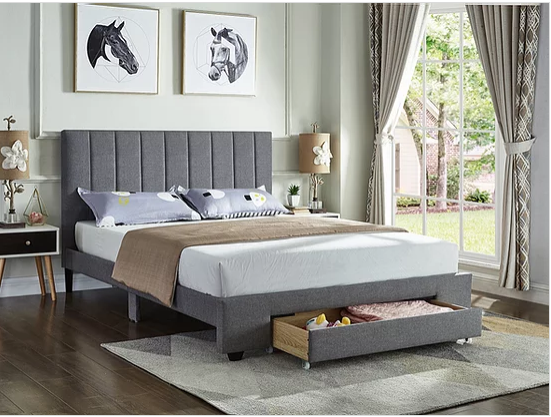 Grey Fabric Bed with Padded Headboard and Storage Drawer  Includes Mattress Support
