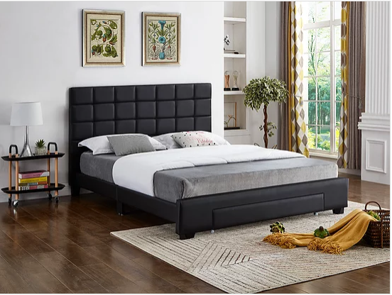 Black PU Bed with a Square Pattern Tufted Headboard (Bed in a Box)  Includes Mattress Support