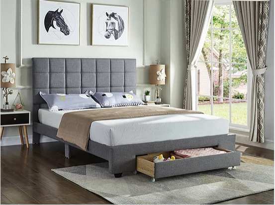 Grey Fabric Bed with a Square Pattern Tufted Headboard (Bed in a Box)  Includes Mattress Support