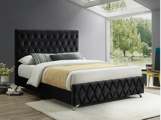 Black Velvet Bed with Diamond Pattern Button Details and Chrome Legs  Includes Mattress Support