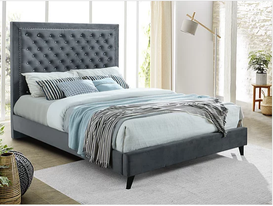 Deep Tufted Upholstered Grey Headboard with Rhinestone and Nailhead Details  Includes Mattress Support