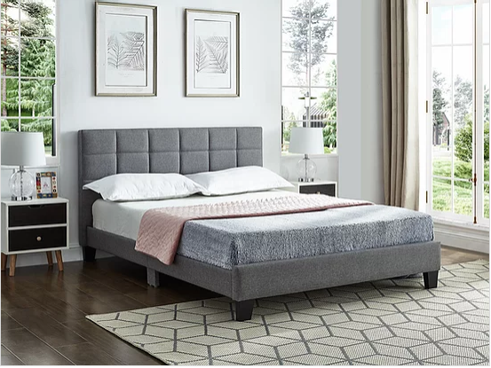 Grey Fabric Bed with Padded Headboard  Includes Mattress Support