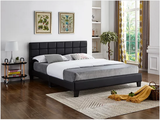 Black PU Bed with Padded Headboard  Includes Mattress Support