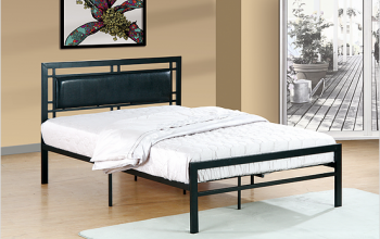 Black Metal Bed with PU Upholstered Headboard - Mattress Support Included