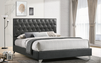 Grey PU Bed With Diamond Pattern Button Details and Chrome Legs  Includes Mattress Support