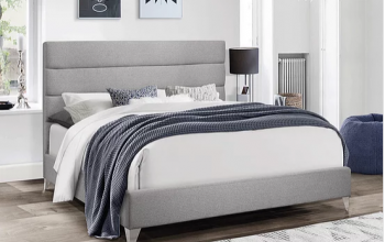 Grey Fabric Bed with Horizontal Deep Tufted Panels and Chrome Legs  Includes Mattress Support