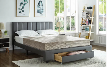 Grey PU Bed with Padded Headboard and Storage Drawer  Includes Mattress Support