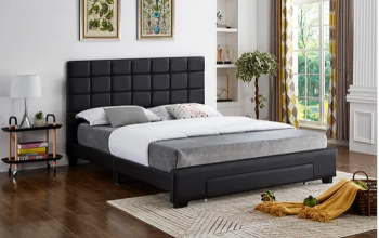 Black PU Bed with a Square Pattern Tufted Headboard (Bed in a Box)  Includes Mattress Support
