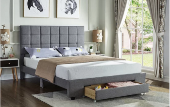 Grey Fabric Bed with a Square Pattern Tufted Headboard (Bed in a Box)  Includes Mattress Support