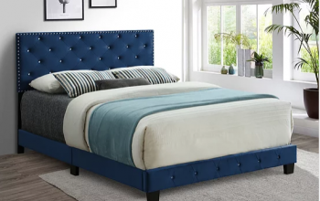 Blue Velvet Bed with Nailhead and Rhinestone Details  Includes Mattress Support