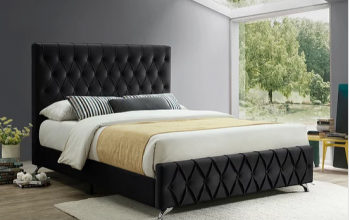 Black Velvet Bed with Diamond Pattern Button Details and Chrome Legs  Includes Mattress Support