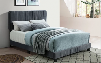 Grey Velvet Bed with Vertical Deep Tufting  Includes Mattress Support