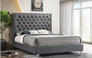 Grey Velvet Bed with Diamond Pattern Button Details and Chrome Legs  Includes Mattress Support