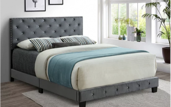 Grey Velvet Bed with Nailhead and Rhinestone Details  Includes Mattress Support